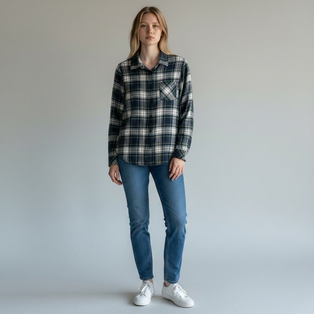 Pendleton Womens Plaid Flannel Button Down Shirt Navy Green White Size M